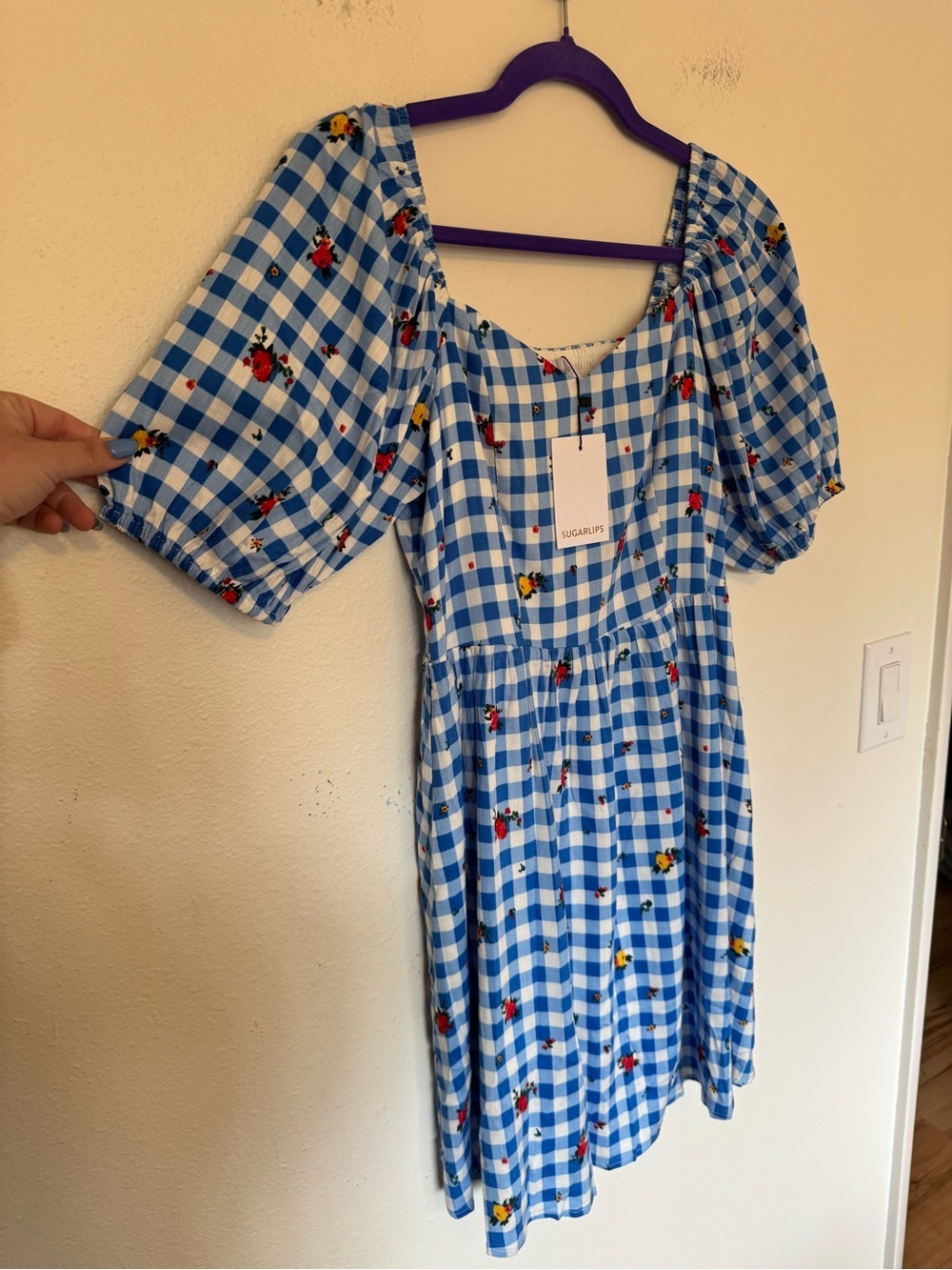NEW SugarLips Dorothy Rose Gingham Puff Sleeve Mini Dress Blue Floral XS NWT - Picture 4 of 8